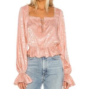 Divine Heritage Pink Floral Jacquard Satin Long Sleeve Peasantcore Blouse